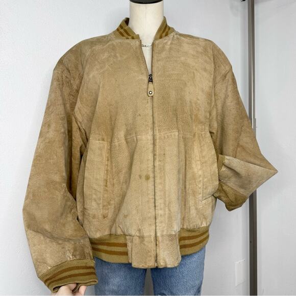 Vintage 90s Distressed Suede Bomber Jacket Grunge Pelle Primo - Picture 1 of 11